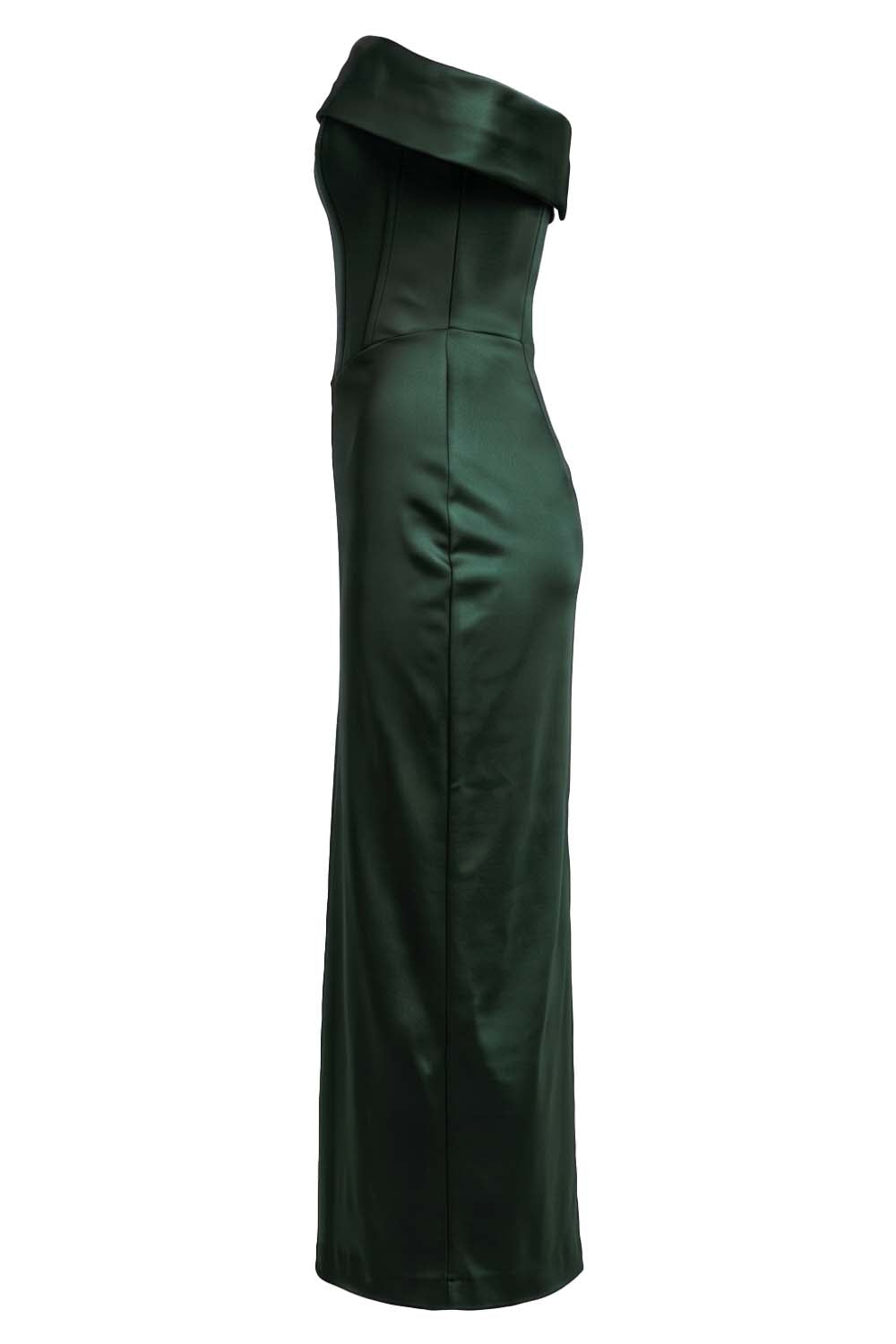 CELESTINE strapless column evening dress in deep forest green on model - side view
