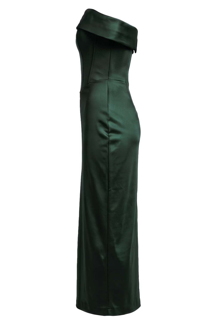 CELESTINE strapless column evening dress in deep forest green on model - side view