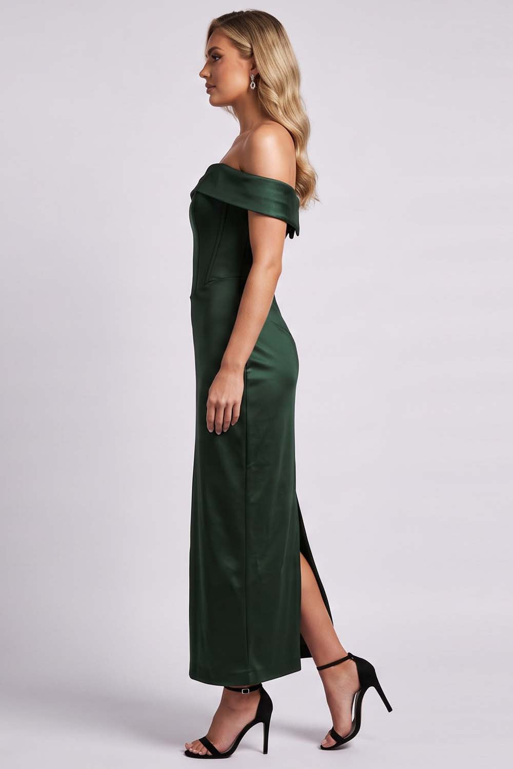 CELESTINE strapless column evening dress in deep forest green by Luxe Noir - side view