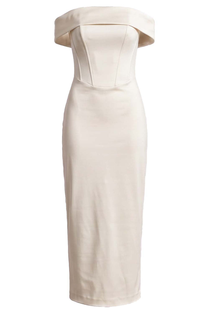 CELESTINE strapless column evening dress in ivory on model - front view