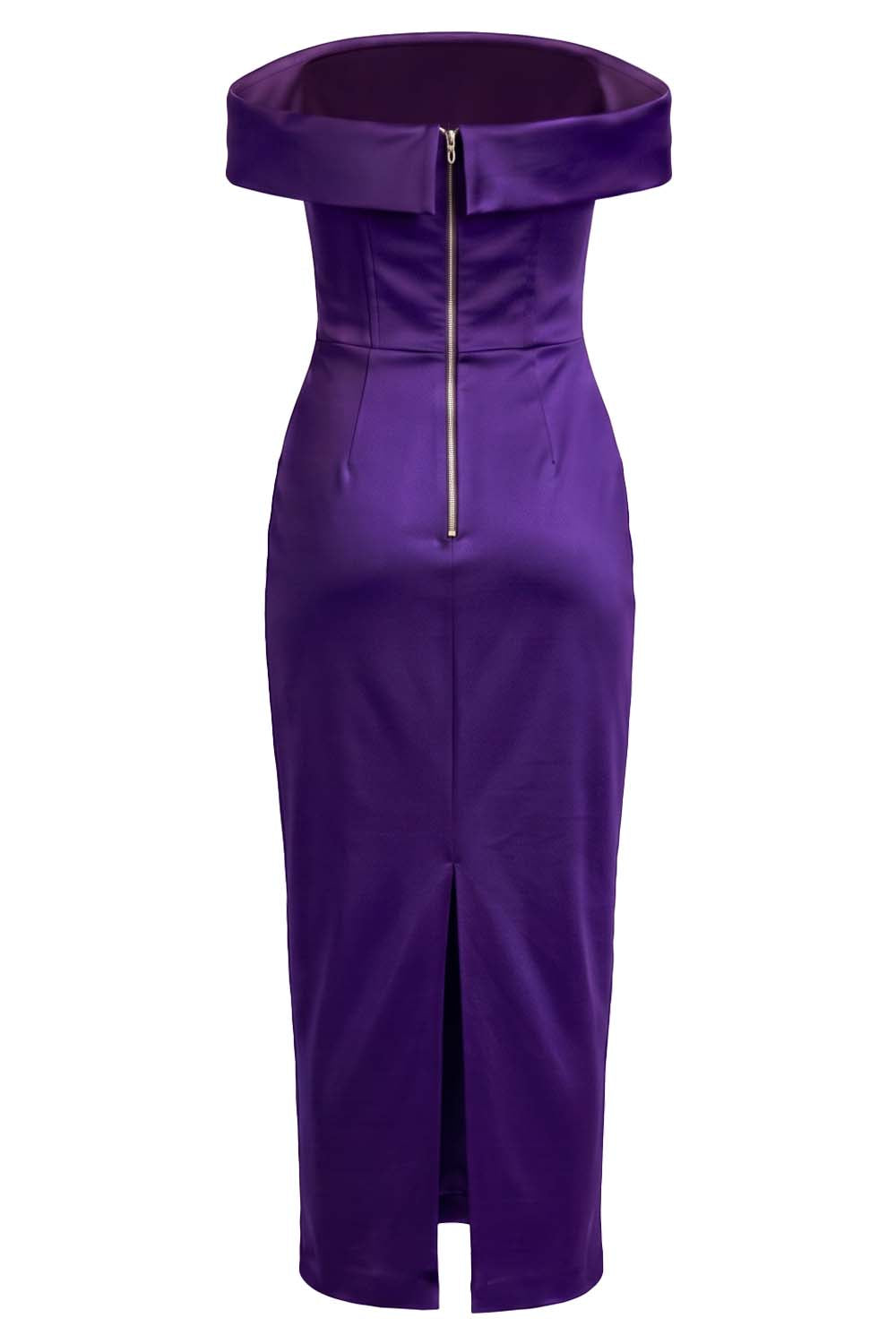 CELESTINE strapless column evening dress in royal purple on model - back view