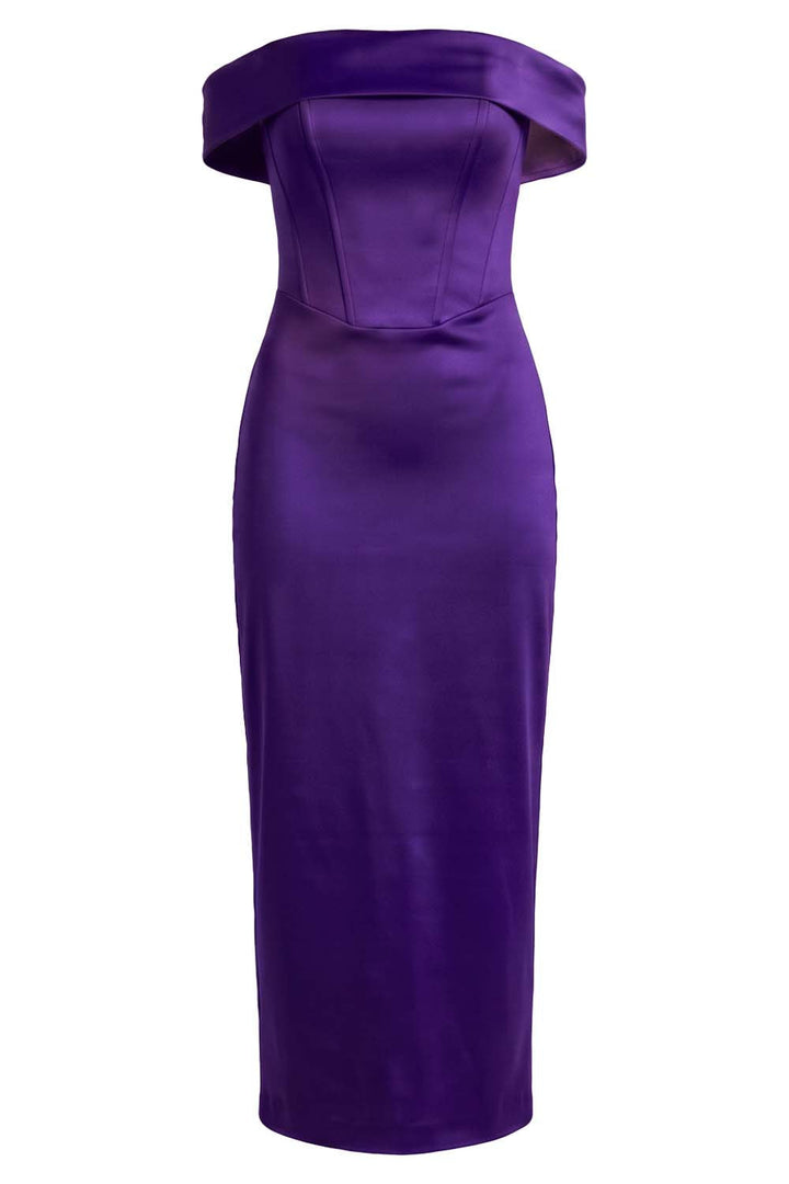 CELESTINE strapless column evening dress in royal purple on model - front view