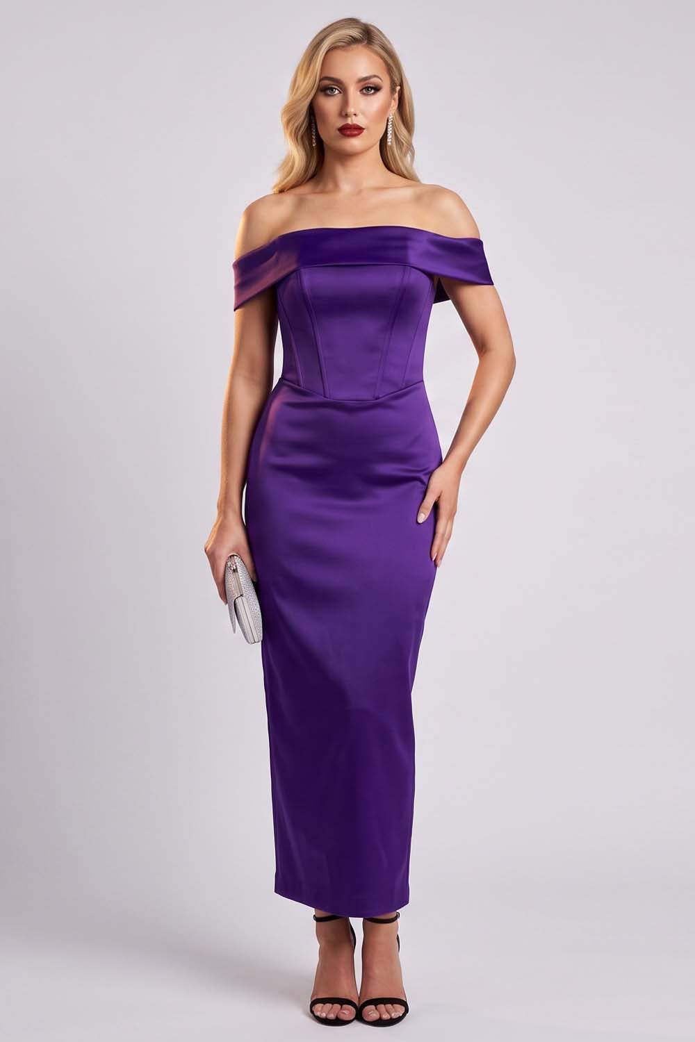 CELESTINE strapless column evening dress in royal purple by Luxe Noir - front view