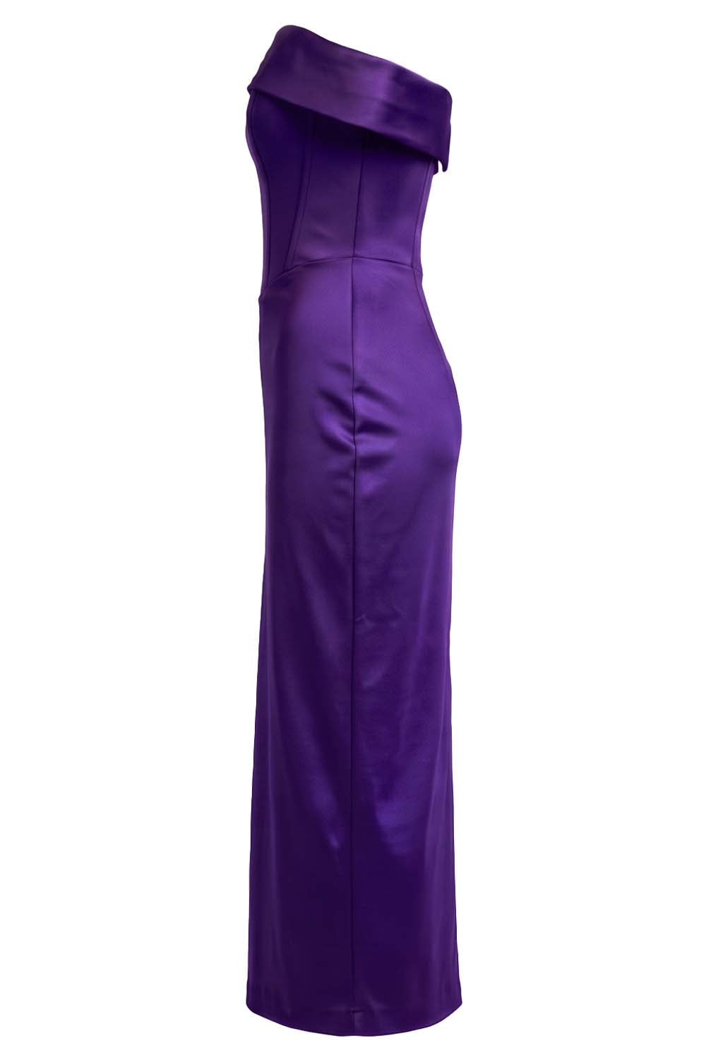 CELESTINE strapless column evening dress in royal purple on model - side view