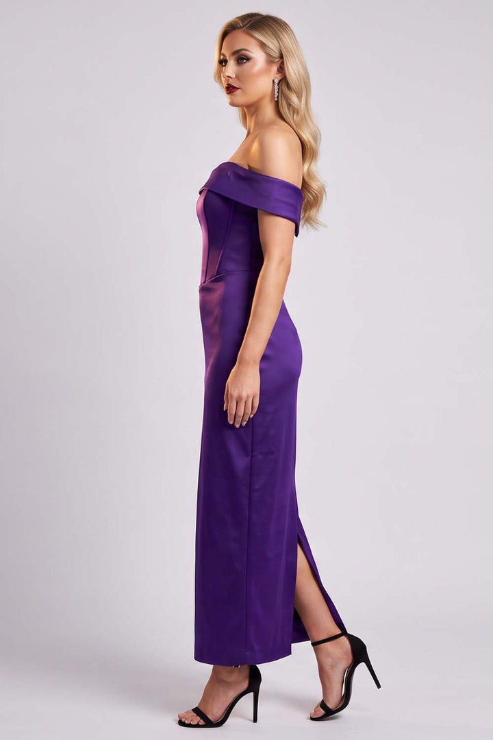CELESTINE strapless column evening dress in royal purple by Luxe Noir - side view