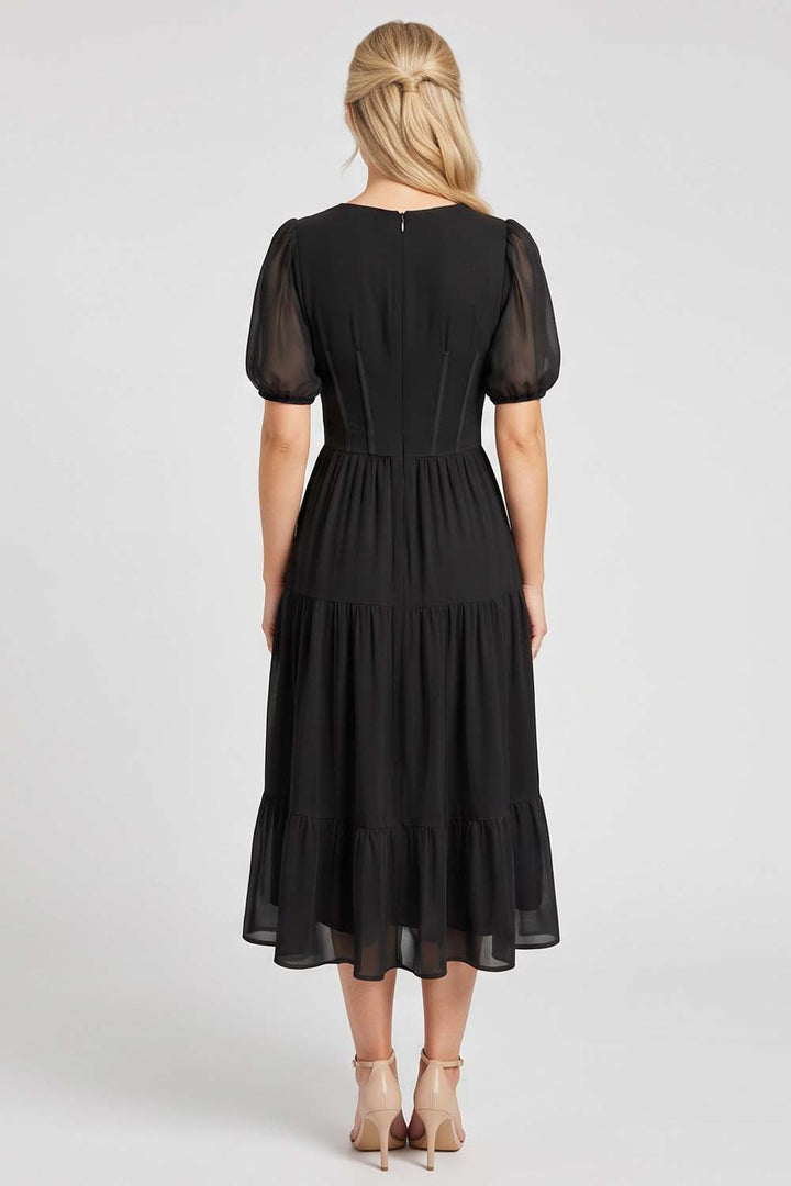 ELOISE puff sleeve corset midi dress in black by Luxe Noir - back view