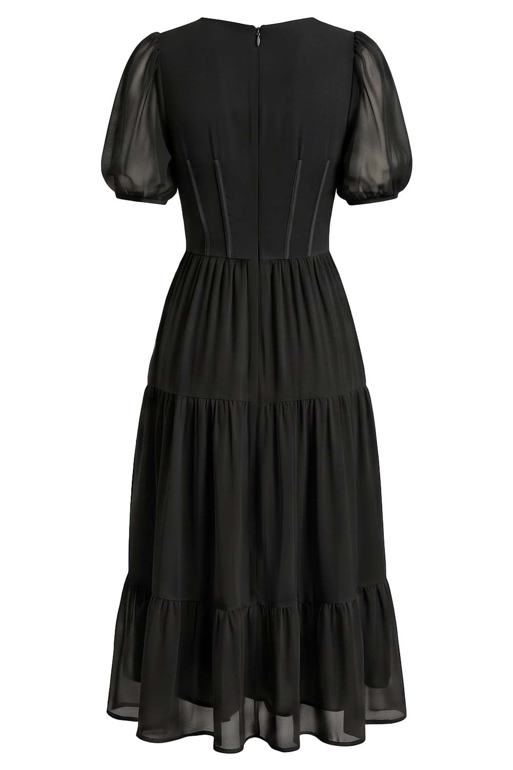 ELOISE puff sleeve corset midi dress in black on model - back view