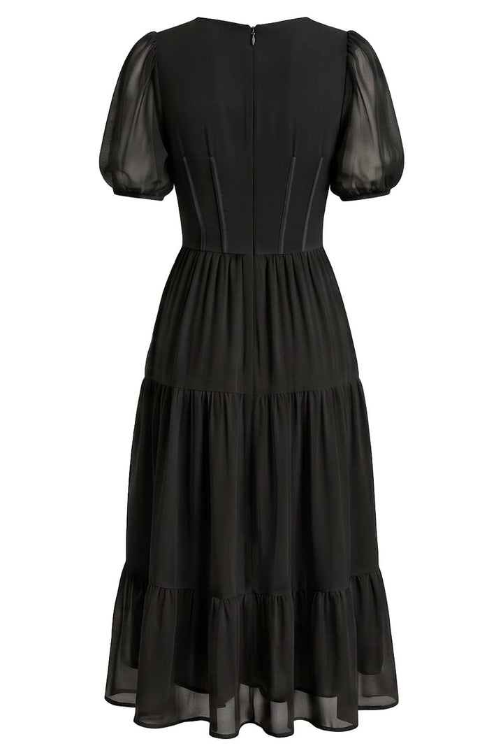 ELOISE puff sleeve corset midi dress in black on model - back view