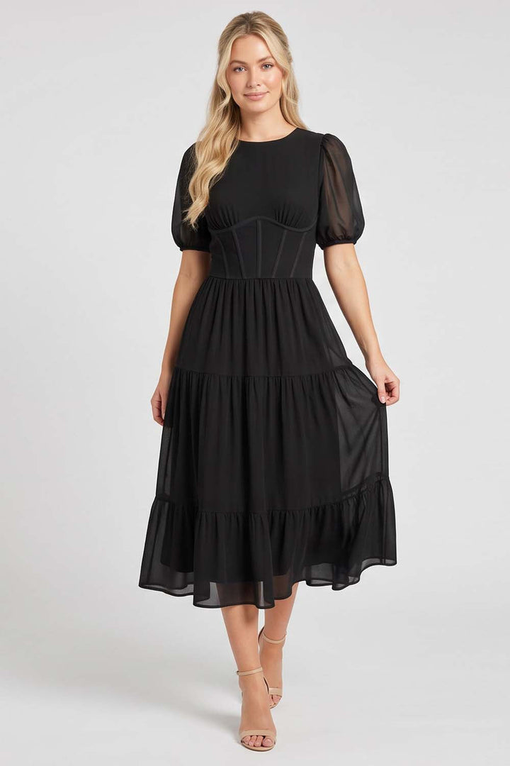 ELOISE puff sleeve corset midi dress in black by Luxe Noir - front view