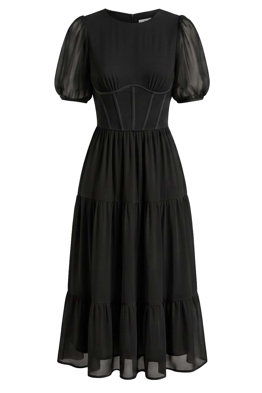 ELOISE puff sleeve corset midi dress in black on model - front view