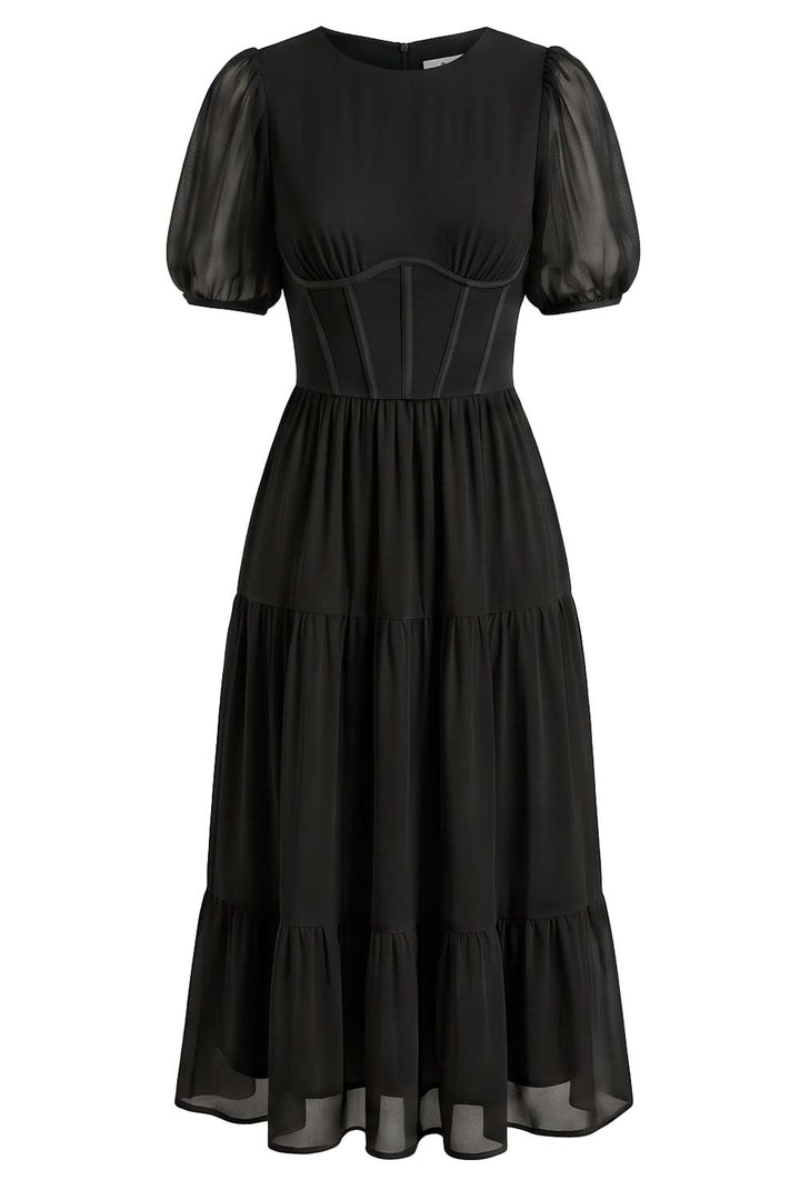 ELOISE puff sleeve corset midi dress in black on model - front view