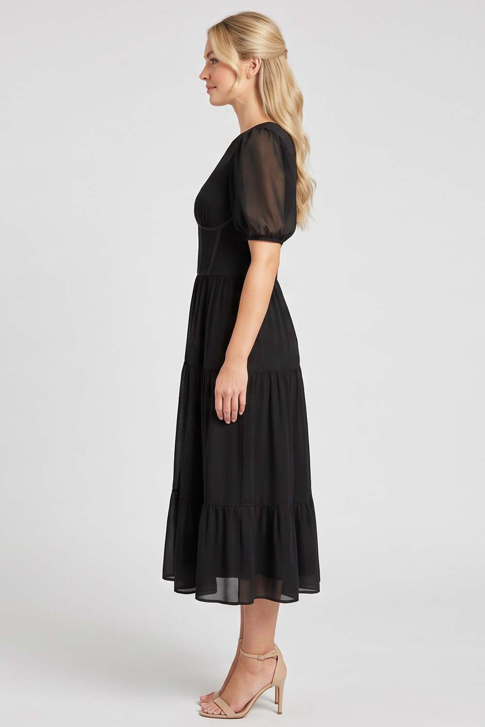 ELOISE puff sleeve corset midi dress in black by Luxe Noir - side view