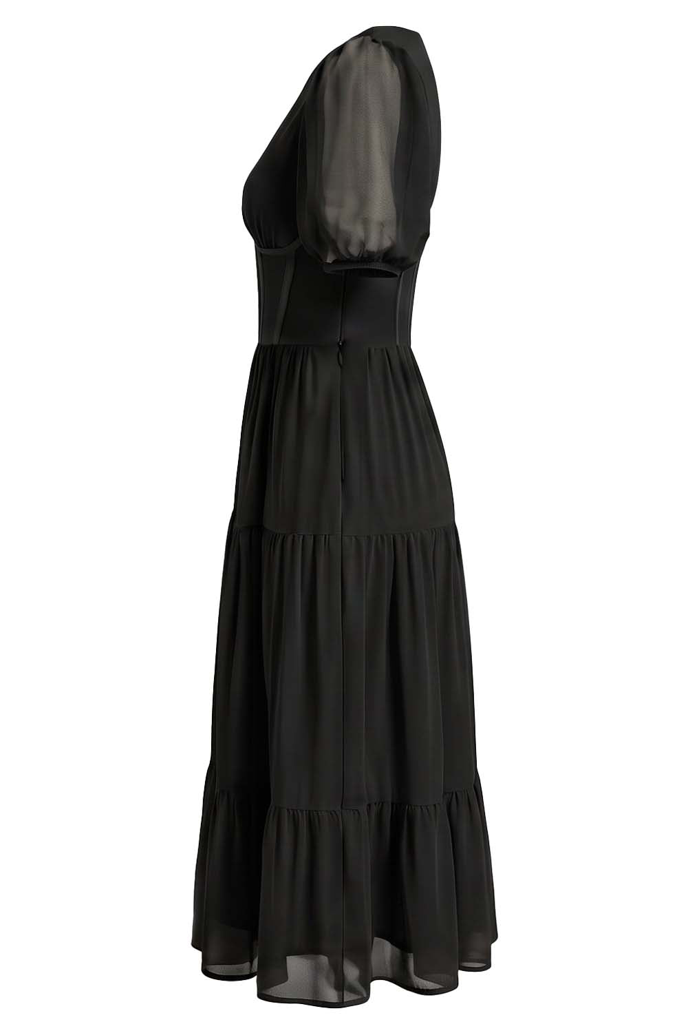 ELOISE puff sleeve corset midi dress in black on model - side view