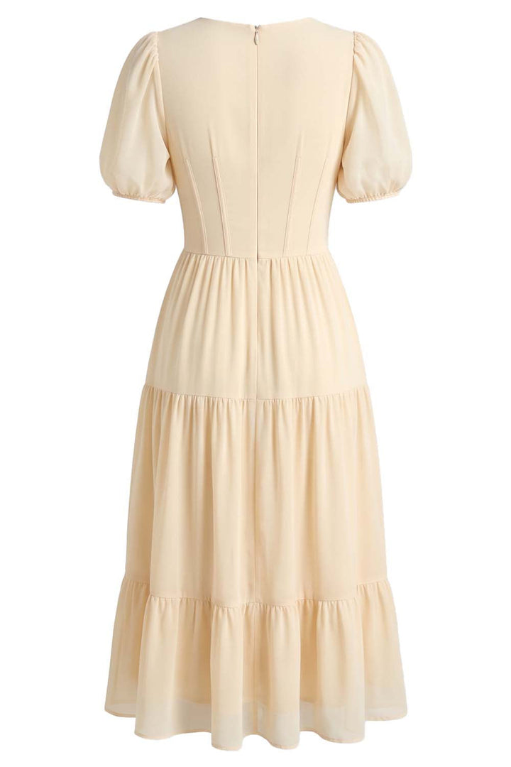 ELOISE puff sleeve corset midi dress in cream on model - back view