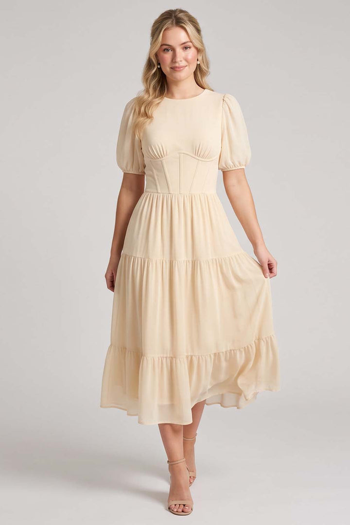 ELOISE puff sleeve corset midi dress in cream by Luxe Noir - front view