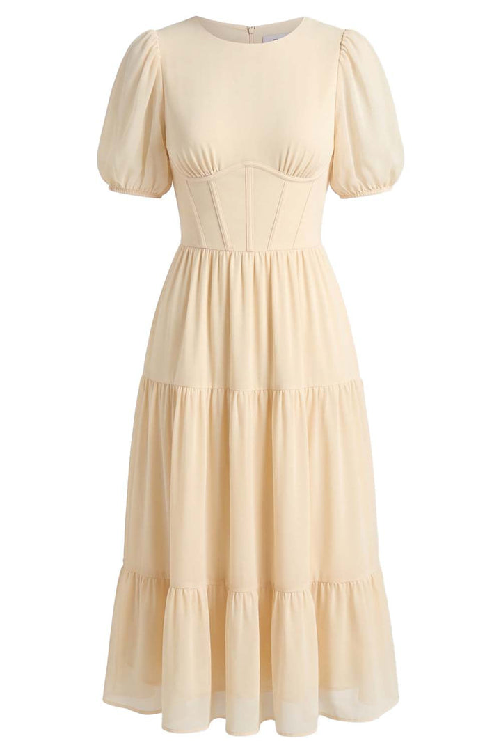 ELOISE puff sleeve corset midi dress in cream on model - front view