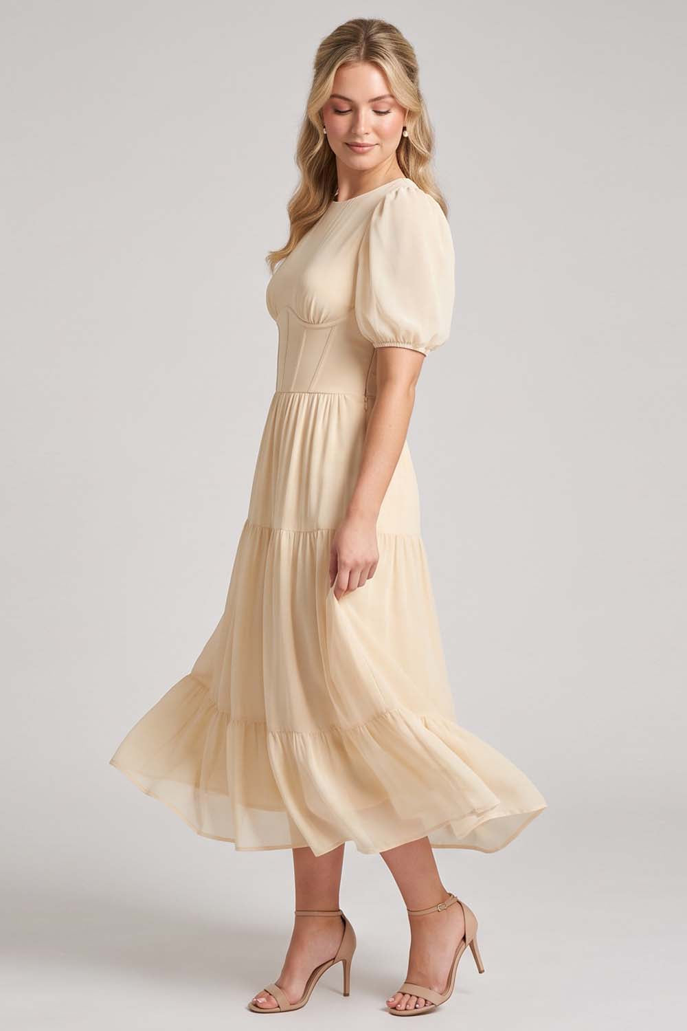 ELOISE puff sleeve corset midi dress in cream by Luxe Noir - side view