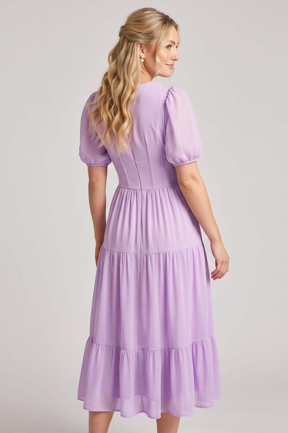ELOISE puff sleeve corset midi dress in lilac by Luxe Noir - back view
