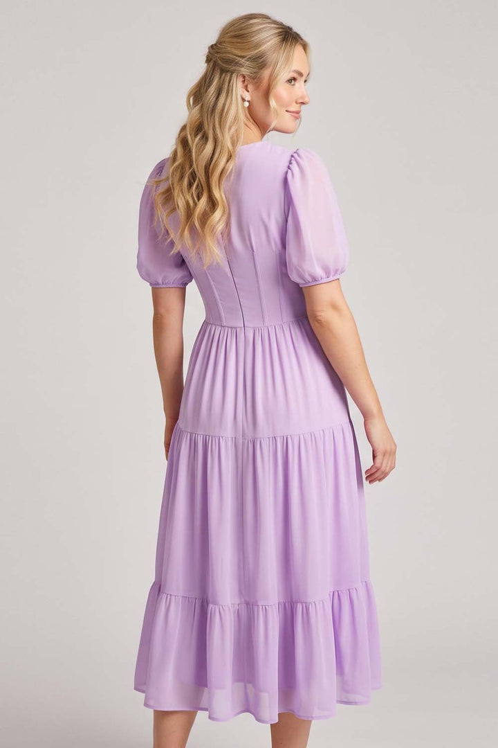 ELOISE puff sleeve corset midi dress in lilac by Luxe Noir - back view
