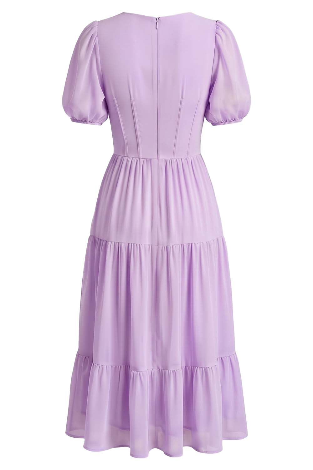 ELOISE puff sleeve corset midi dress in lilac on model - back view