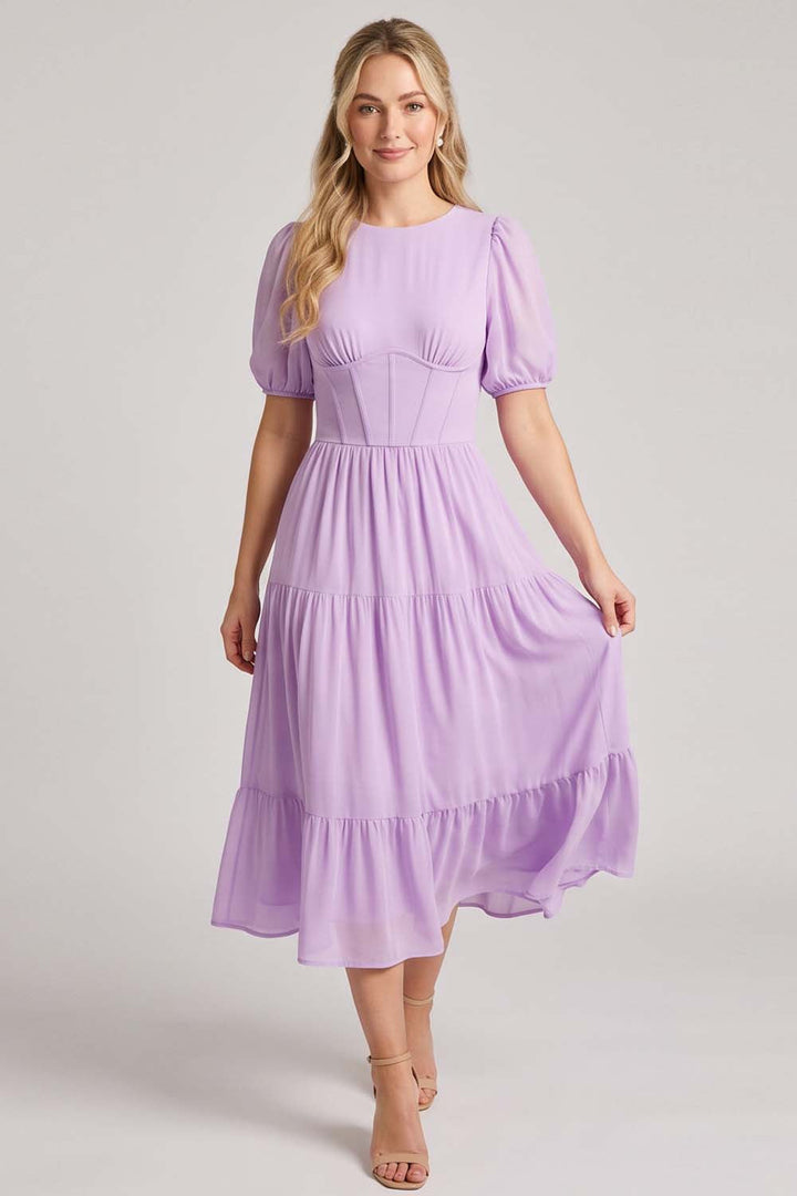 ELOISE puff sleeve corset midi dress in lilac by Luxe Noir - front view