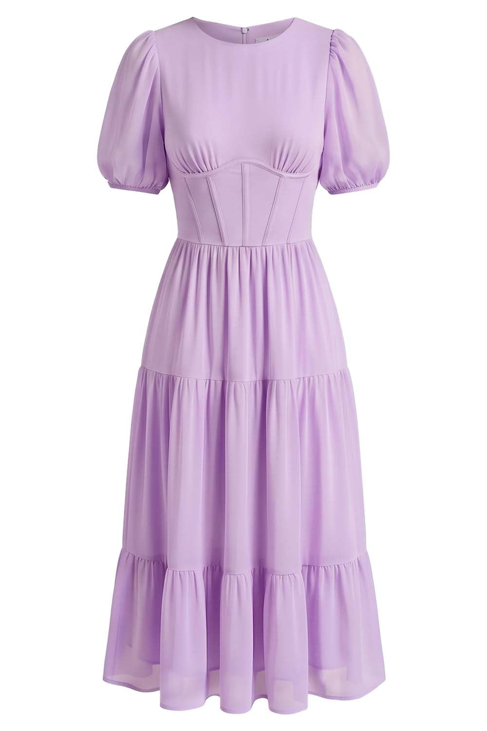 ELOISE puff sleeve corset midi dress in lilac on model - front view