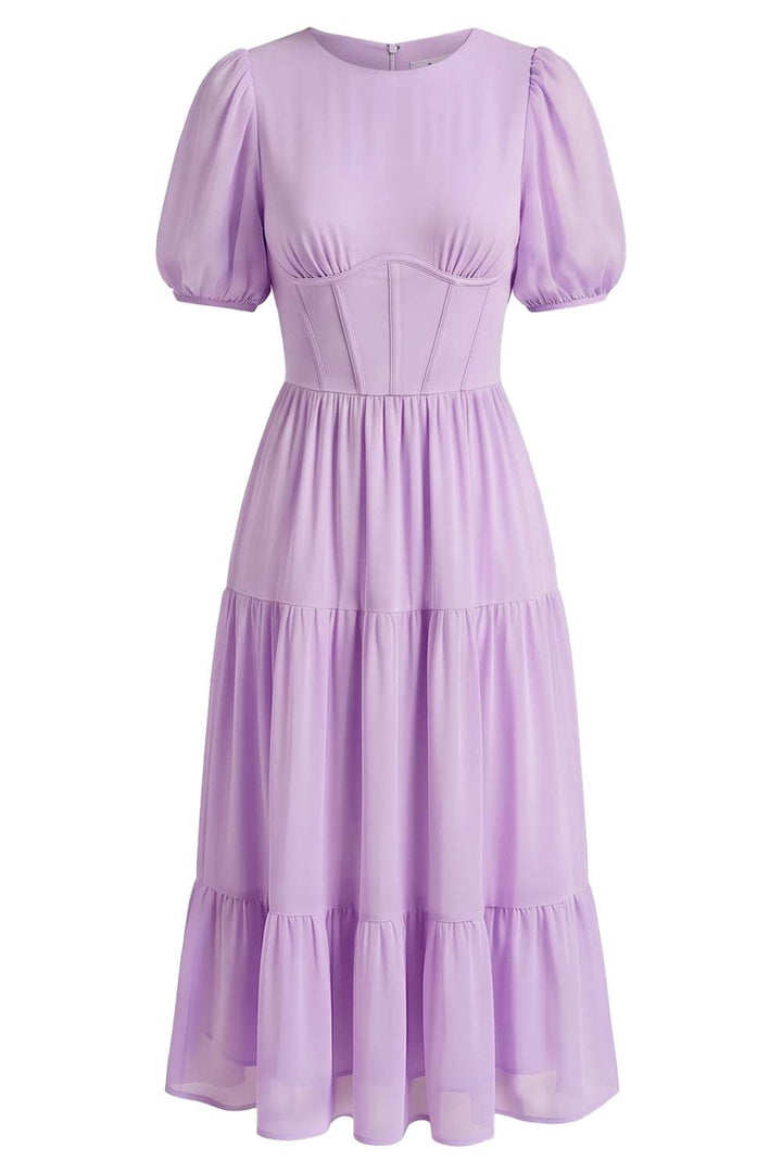 ELOISE puff sleeve corset midi dress in lilac on model - front view