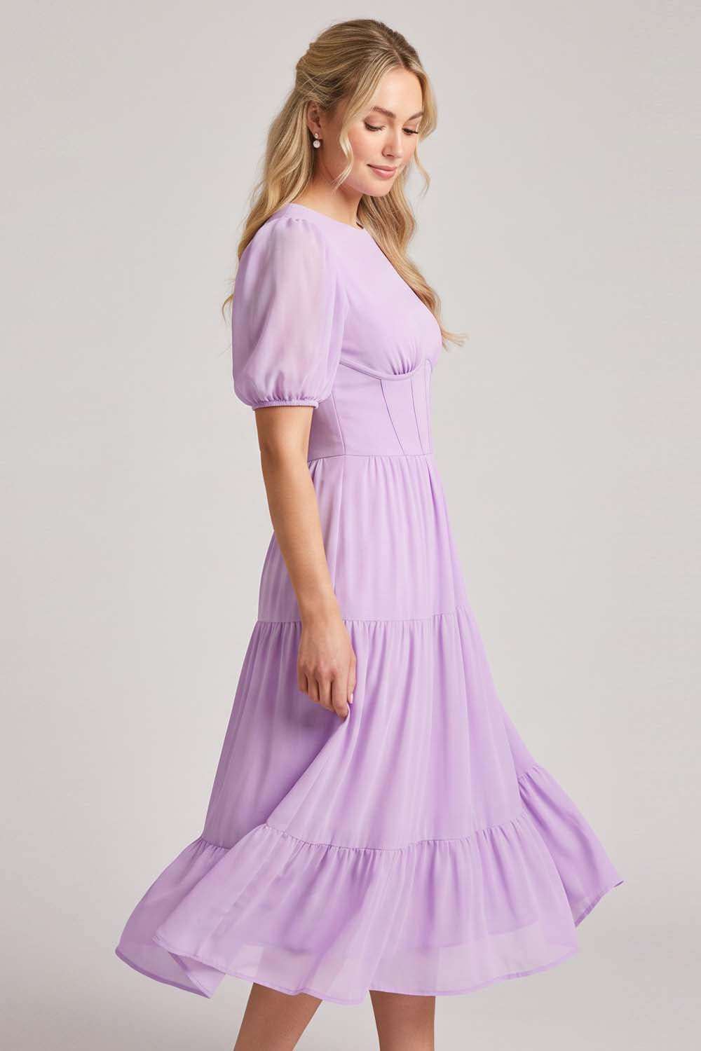 ELOISE puff sleeve corset midi dress in lilac by Luxe Noir - side view