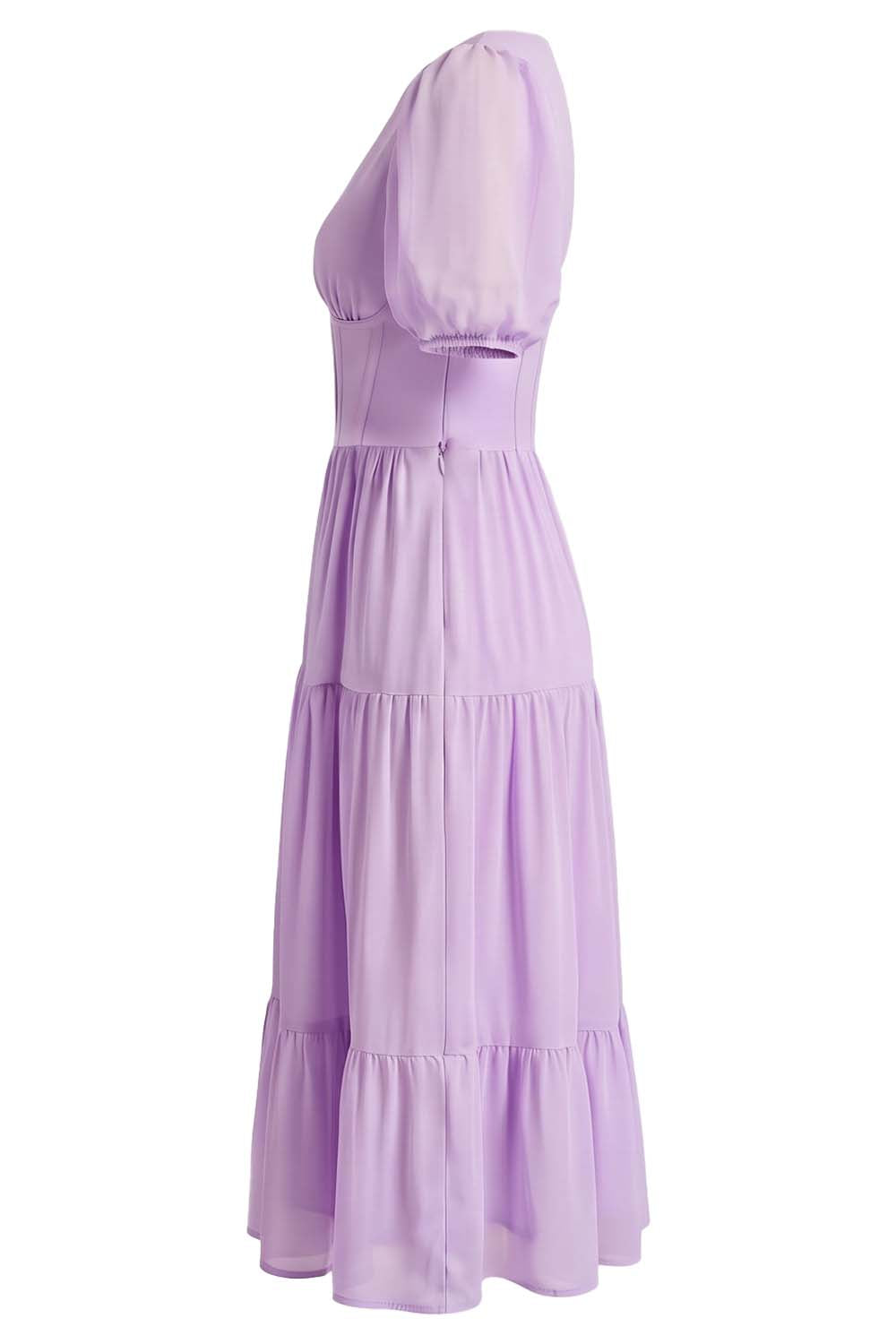 ELOISE puff sleeve corset midi dress in lilac on model - side view