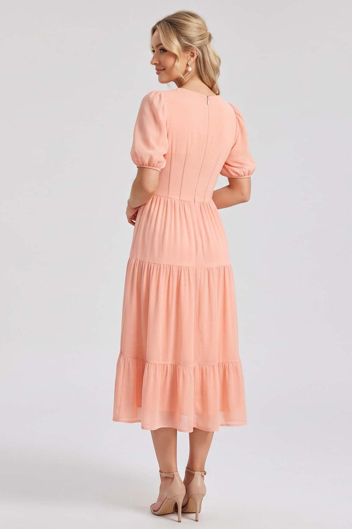 ELOISE puff sleeve corset midi dress in peach blush by Luxe Noir - back view