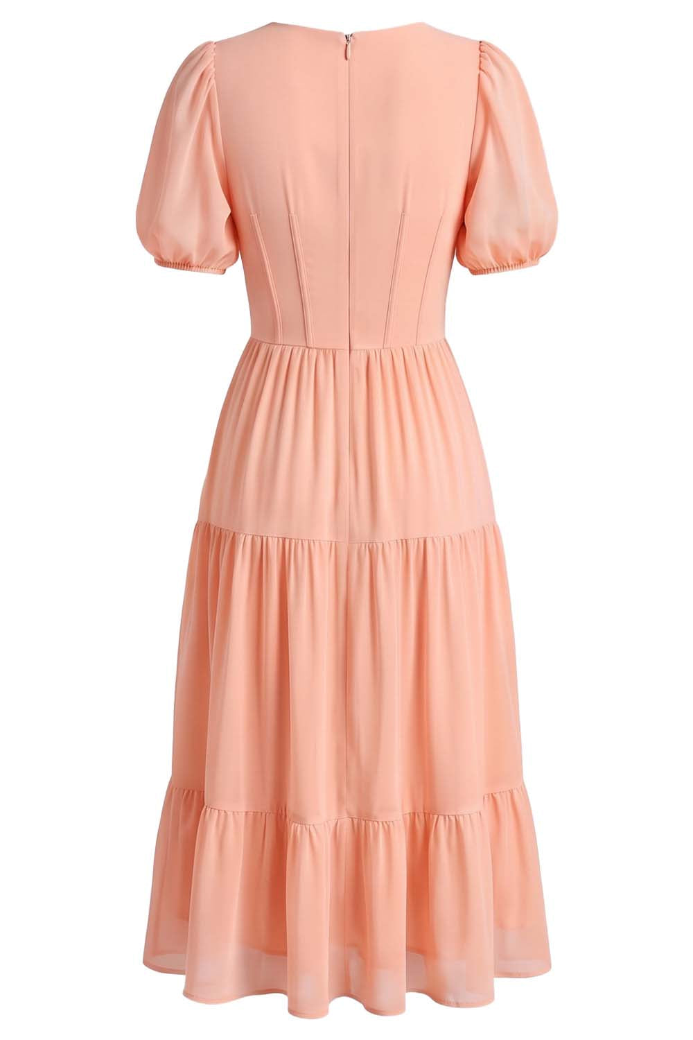 ELOISE puff sleeve corset midi dress in peach blush on model - back view
