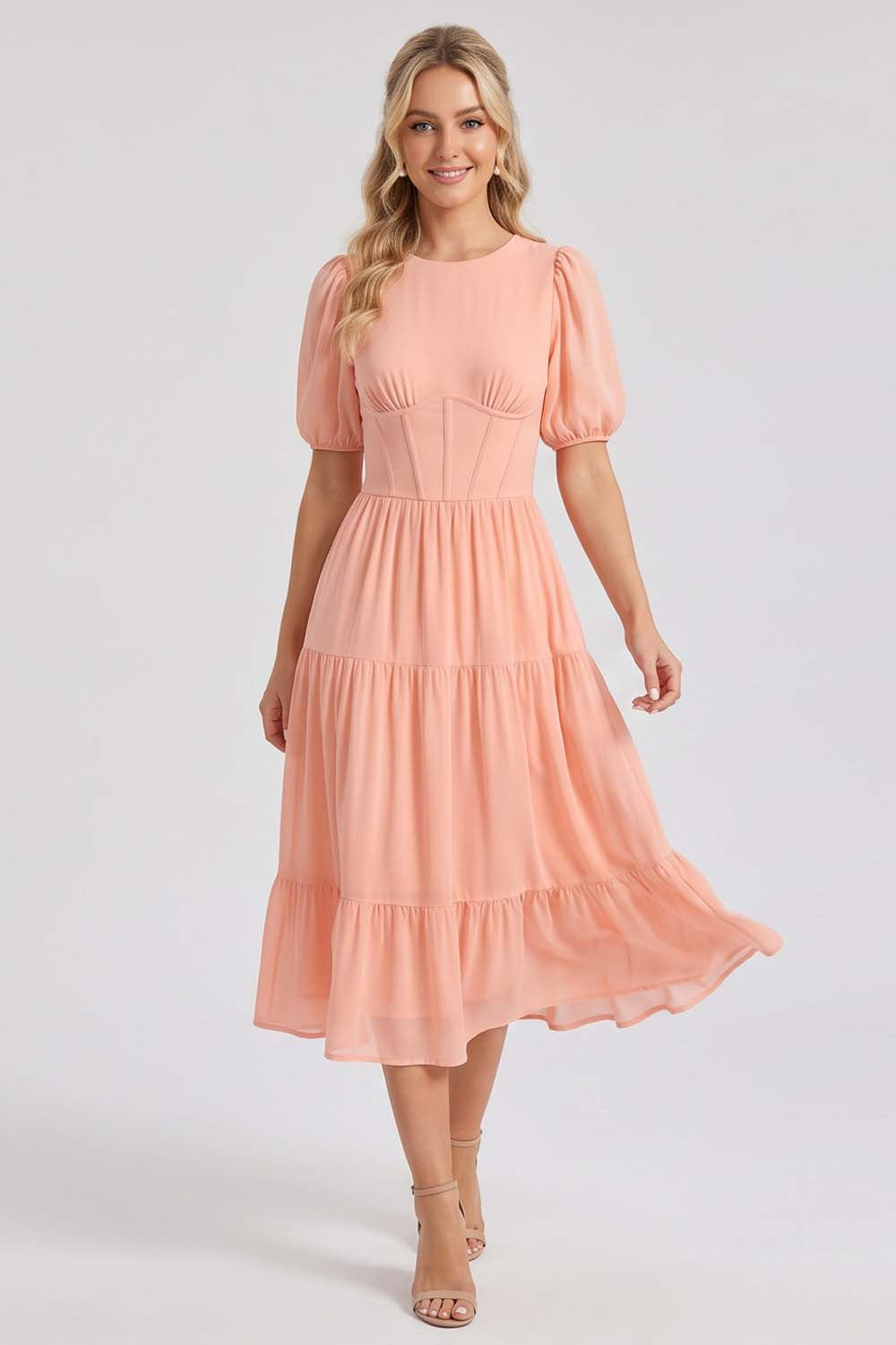 ELOISE puff sleeve corset midi dress in peach blush by Luxe Noir - front view