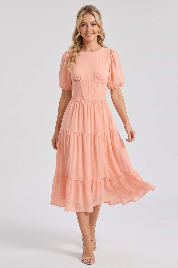 ELOISE puff sleeve corset midi dress in peach blush by Luxe Noir - front view