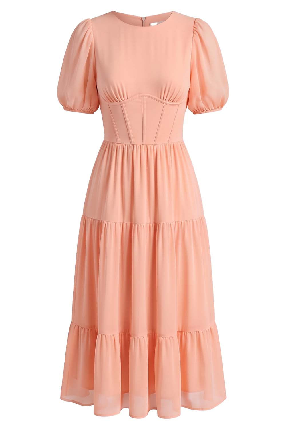 ELOISE puff sleeve corset midi dress in peach blush on model - front view