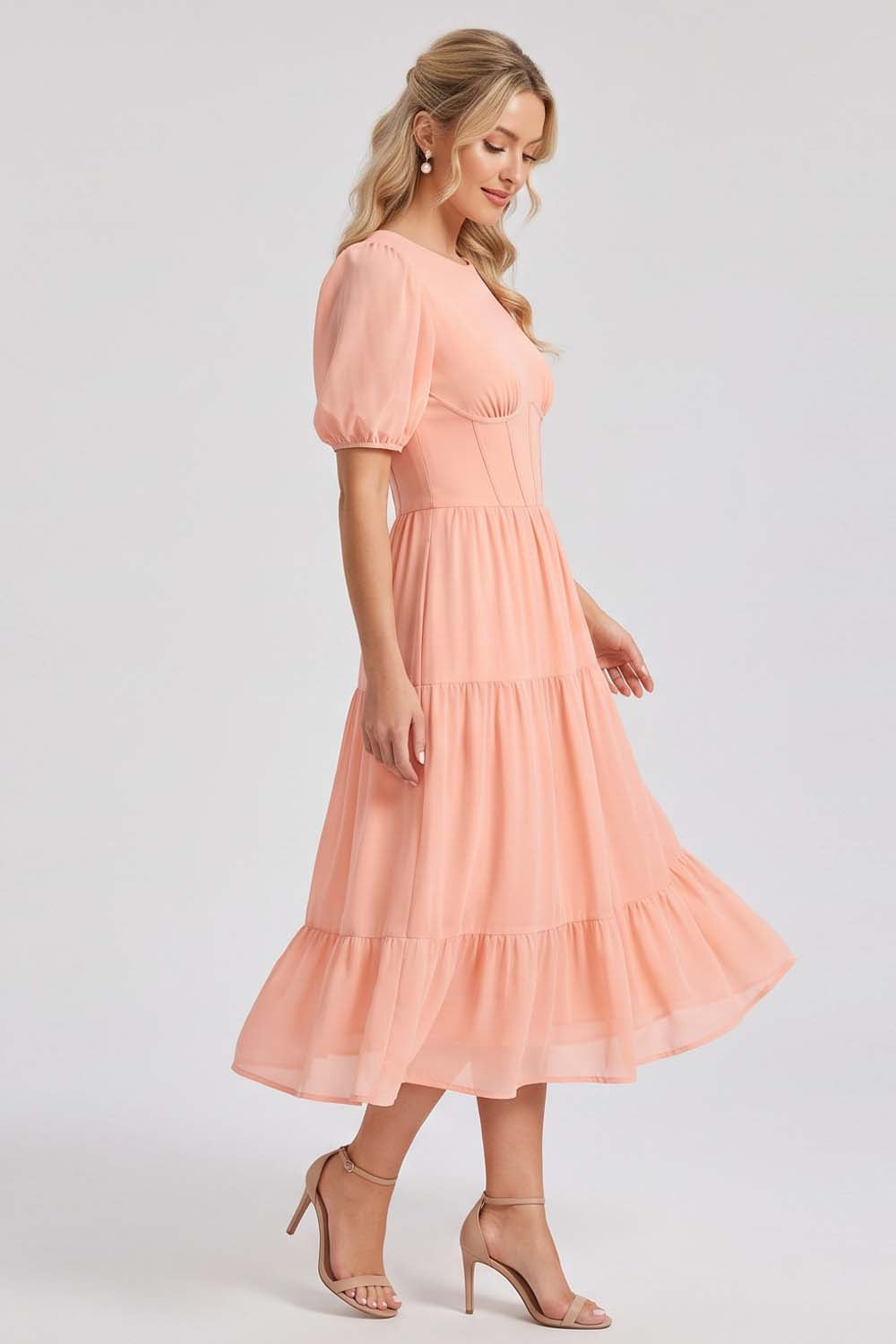 ELOISE puff sleeve corset midi dress in peach blush by Luxe Noir - side view