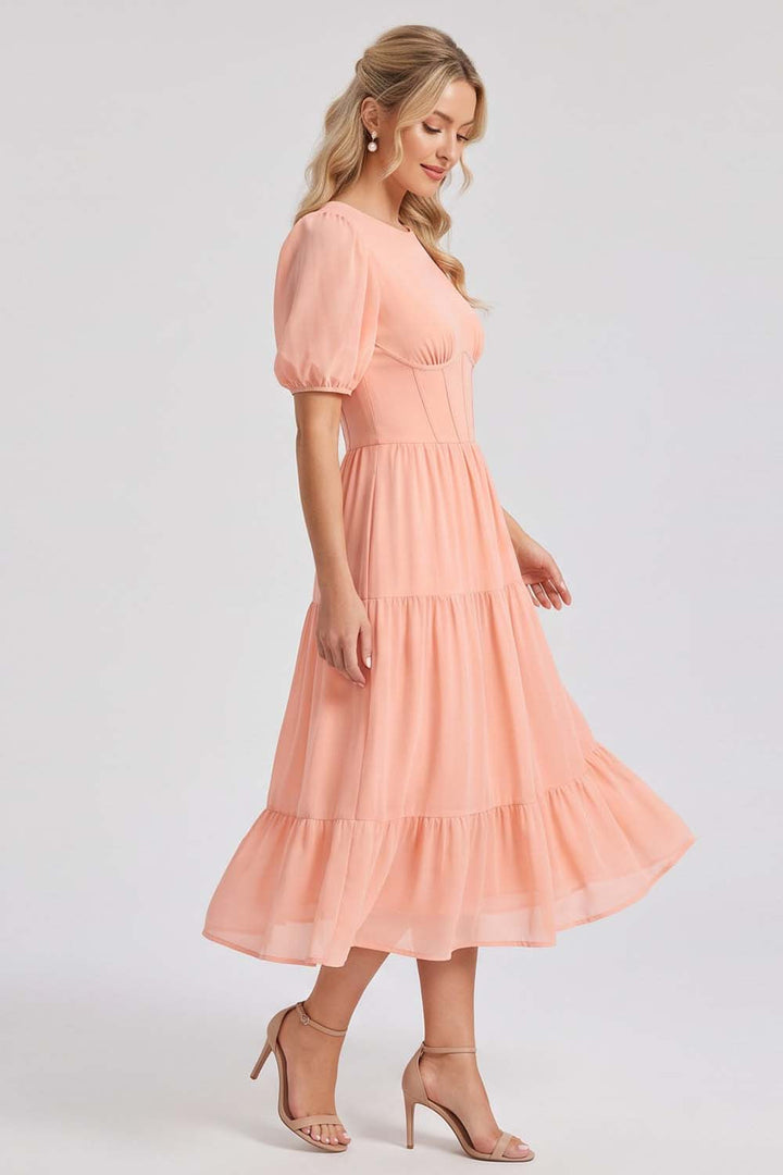 ELOISE puff sleeve corset midi dress in peach blush by Luxe Noir - side view