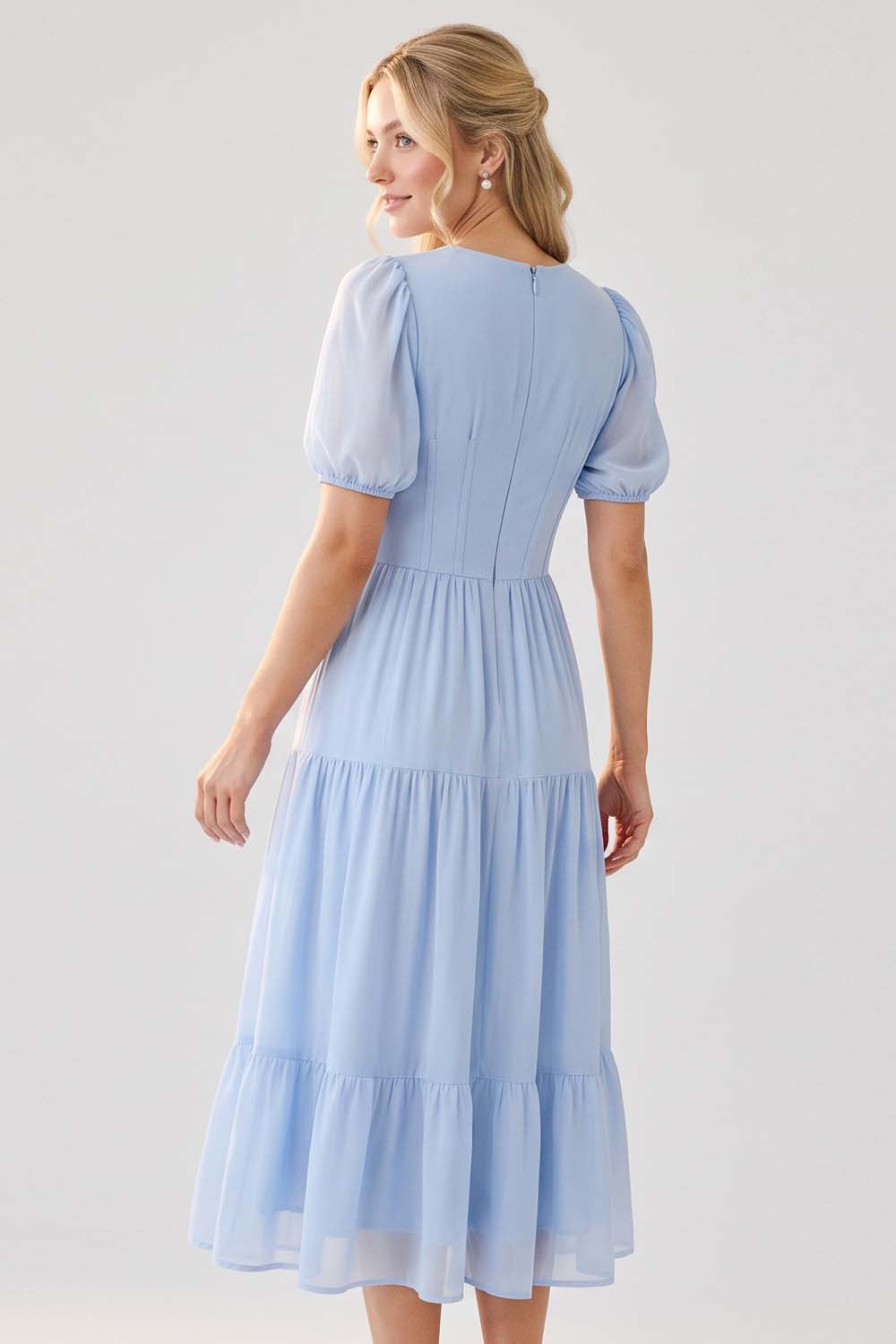 ELOISE puff sleeve corset midi dress in powder blue by Luxe Noir - back view