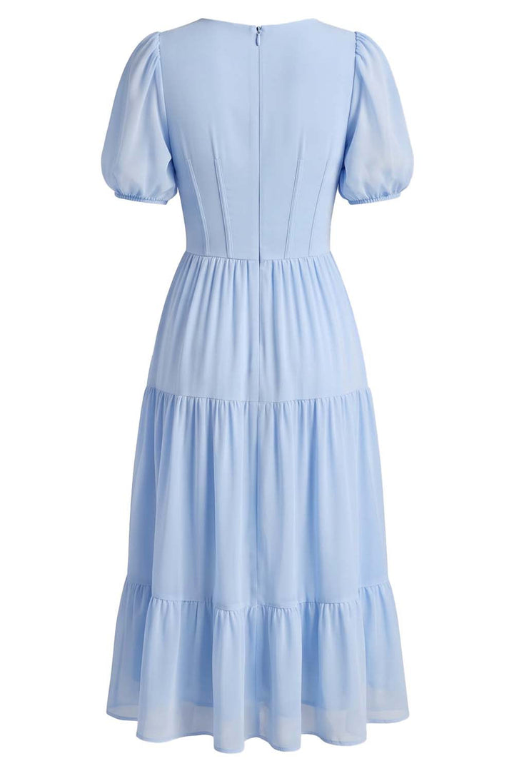 ELOISE puff sleeve corset midi dress in powder blue on model - back view