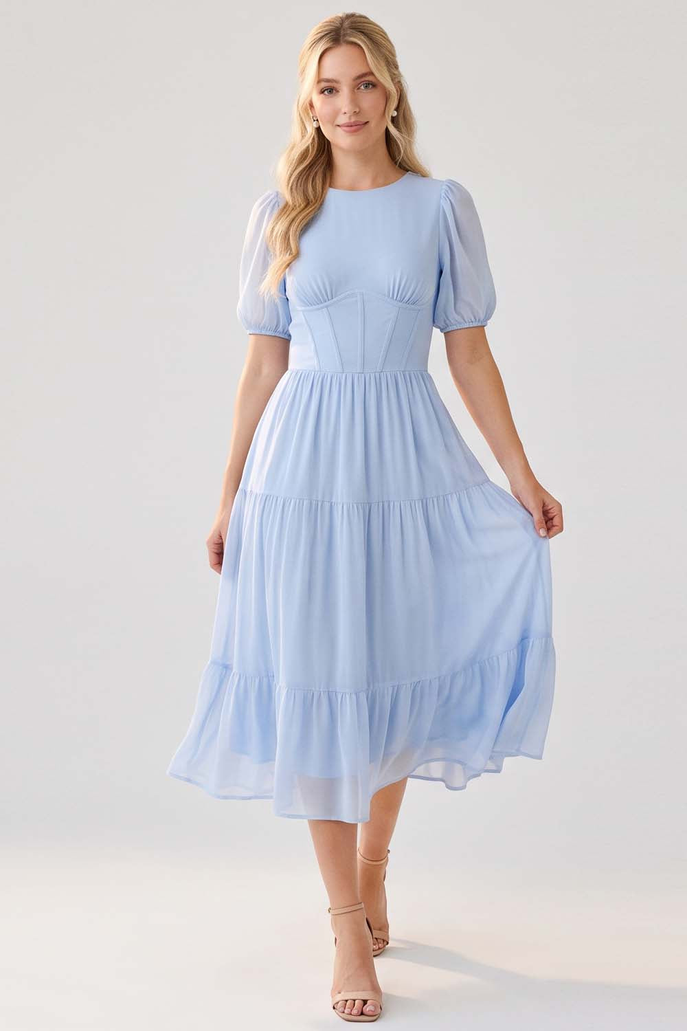 ELOISE puff sleeve corset midi dress in powder blue by Luxe Noir - front view