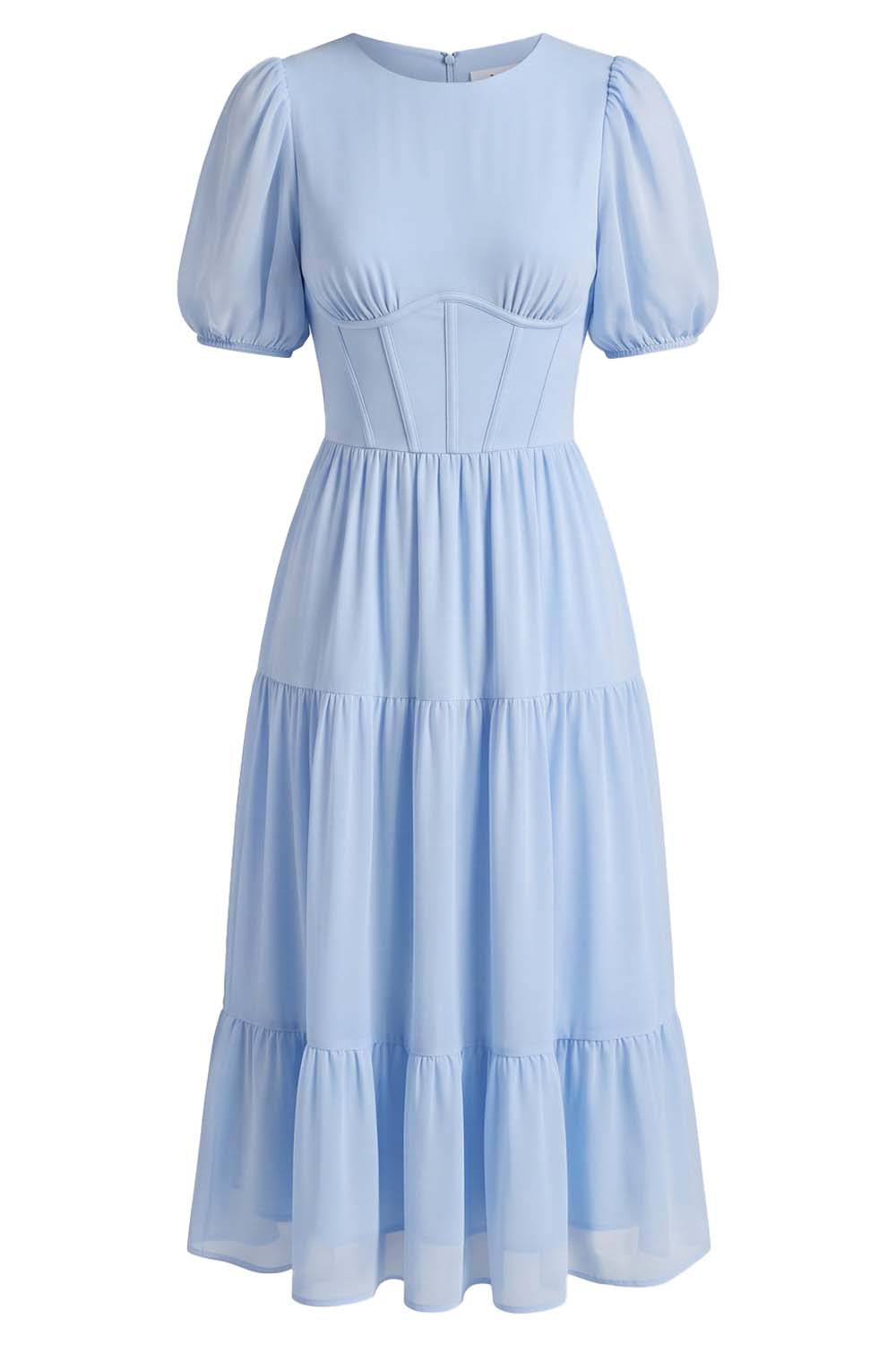 ELOISE puff sleeve corset midi dress in powder blue on model - front view