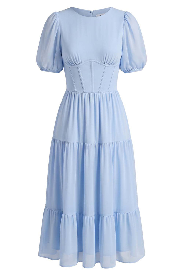 ELOISE puff sleeve corset midi dress in powder blue on model - front view