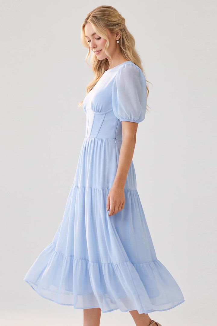 ELOISE puff sleeve corset midi dress in powder blue by Luxe Noir - side view