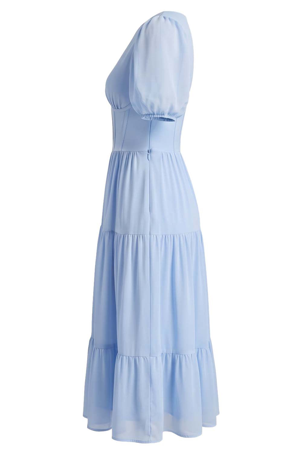 ELOISE puff sleeve corset midi dress in powder blue on model - side view