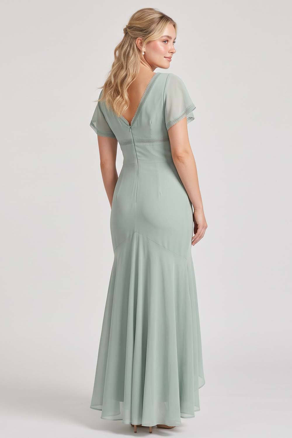 FLORENCE georgette tea dress in sage mint by Luxe Noir - back view