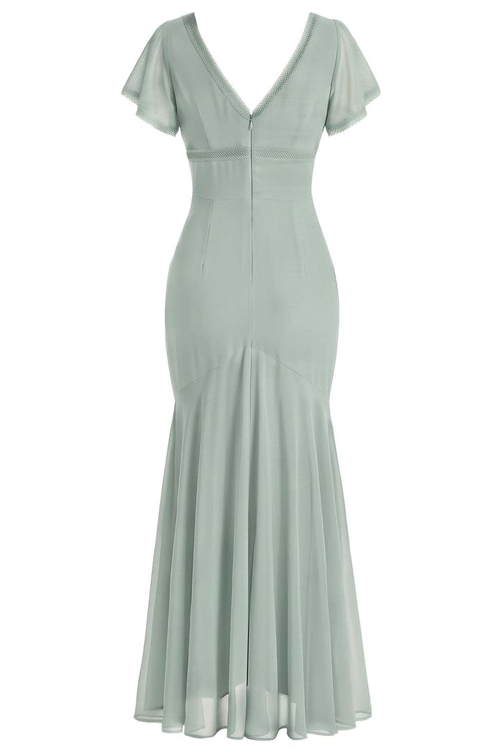 FLORENCE georgette tea dress in sage mint on model - back view