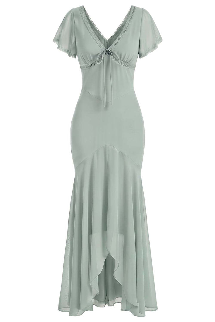 FLORENCE georgette tea dress in sage mint on model - front view