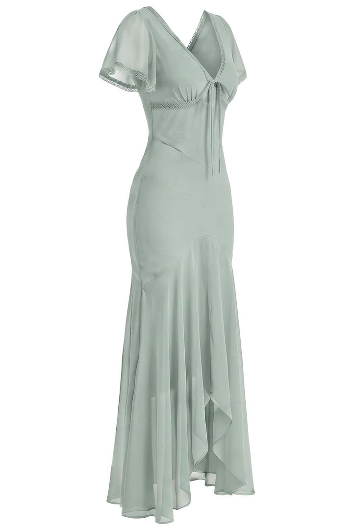 FLORENCE georgette tea dress in sage mint on model - side view
