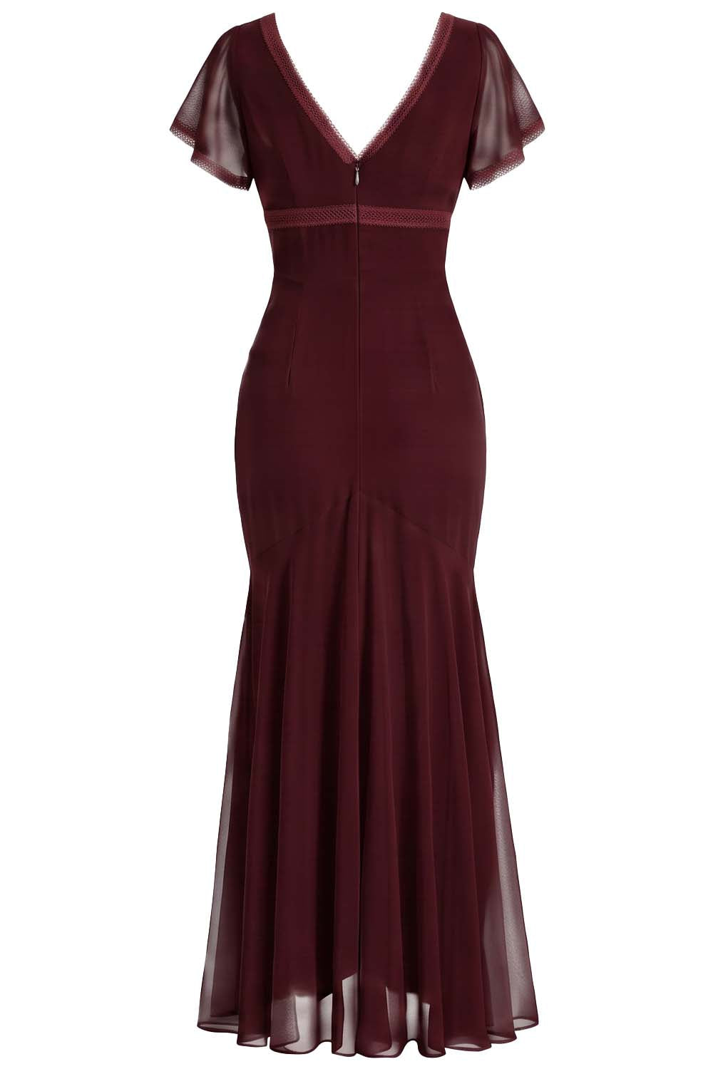 FLORENCE georgette tea dress in burgundy on model - back view