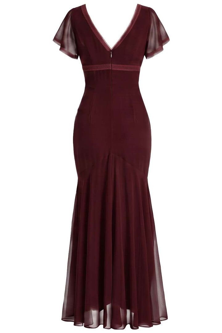 FLORENCE georgette tea dress in burgundy on model - back view