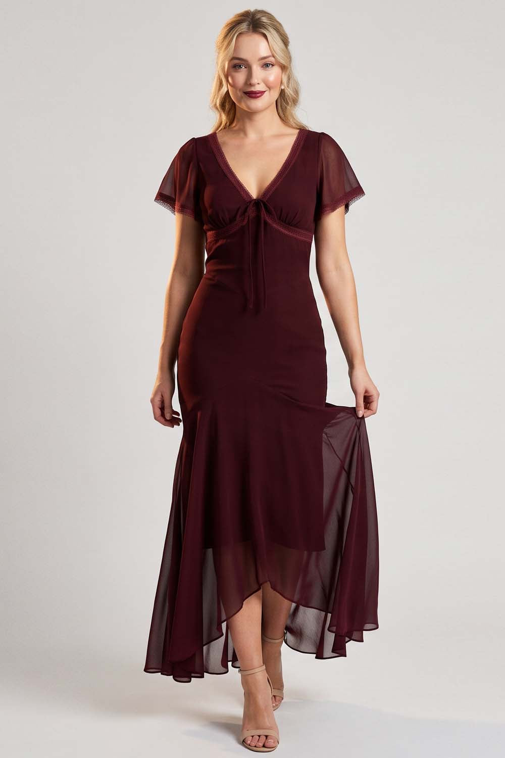FLORENCE georgette tea dress in burgundy by Luxe Noir - front view